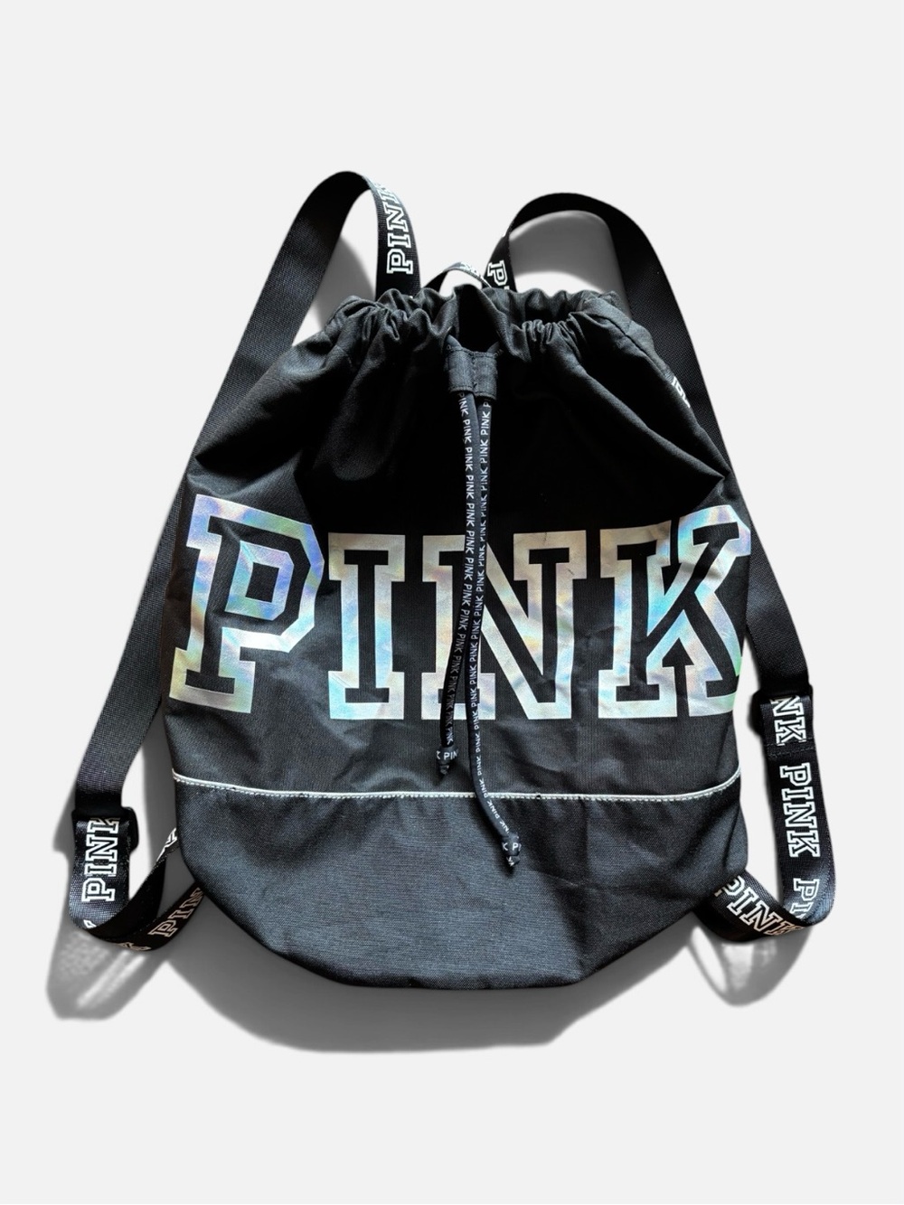 PINK Victoria’s Secret Black Holographic Logo Drawstring Backpack